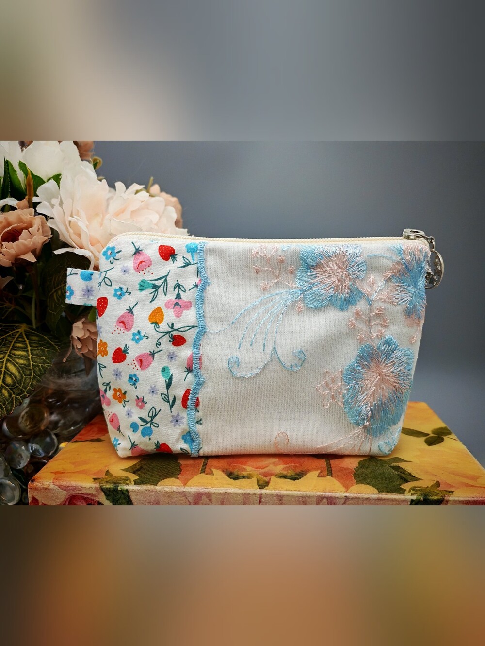 Floral Embroidered Cotton Zip Pouch - Blue & White